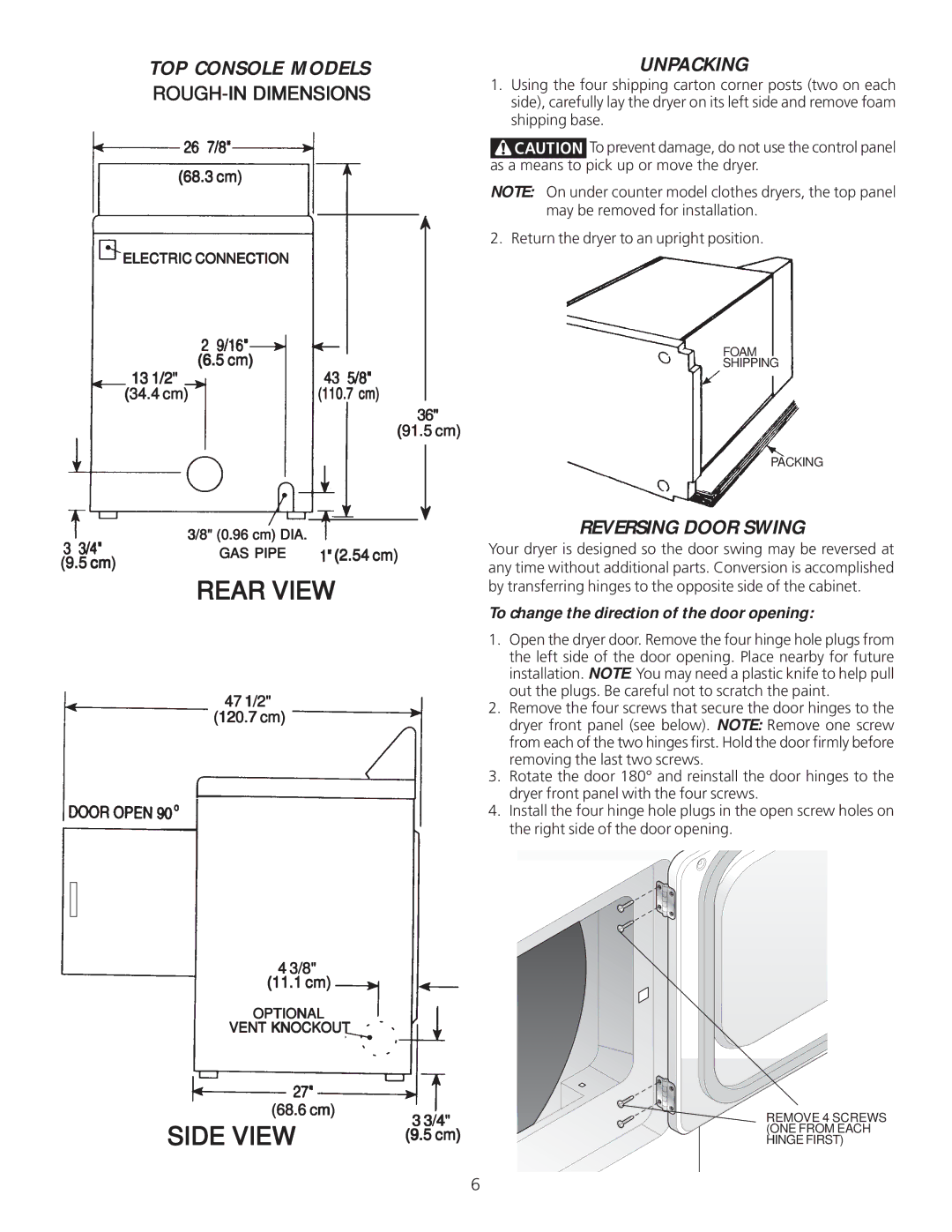 Frigidaire P/N 134296400A (0404) installation instructions TOP Console Models, Unpacking, Reversing Door Swing 