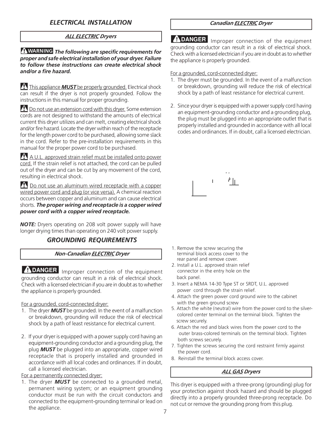 Frigidaire P/N 134296400A (0404) Electrical Installation, Grounding Requirements, Non-Canadian Electric Dryer 