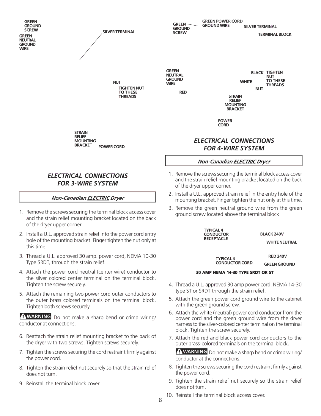 Frigidaire P/N 134296400A (0404) Electrical Connections For 3-WIRE System, Electrical Connections For 4-WIRE System 