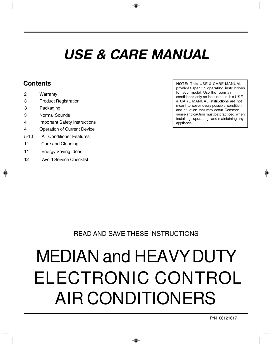 Frigidaire P/N 66121617 warranty Contents, MEDIAN and HEAVY DUTY ELECTRONIC CONTROL AIR CONDITIONERS, Use & Care Manual 