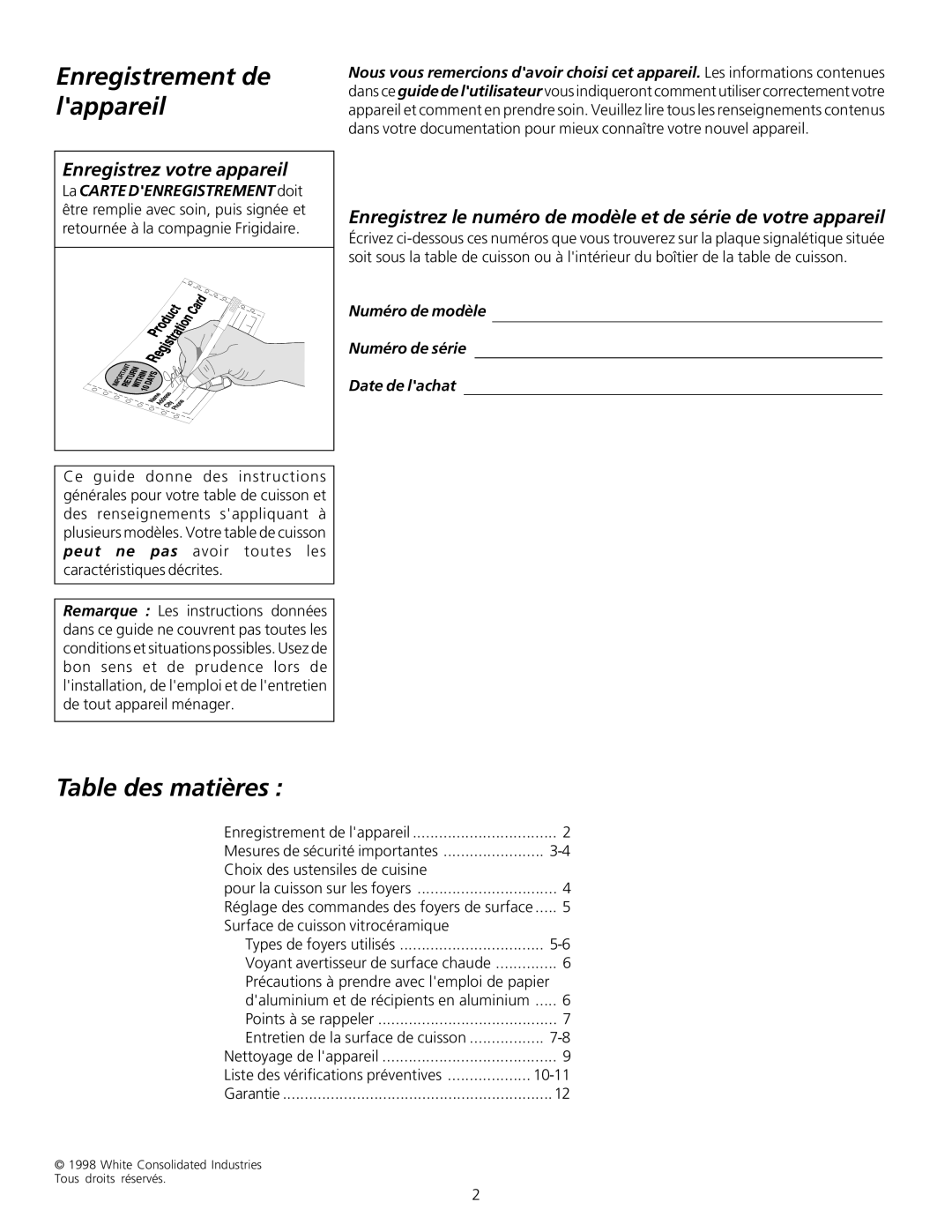 Frigidaire Professional Series manual Enregistrement de lappareil, Table des matières, Enregistrez votre appareil 