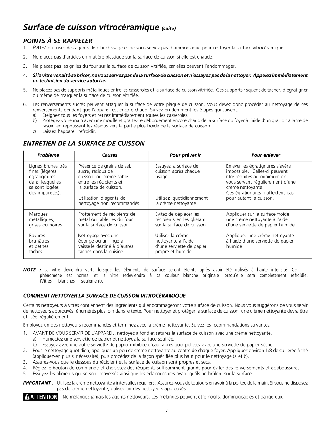 Frigidaire Professional Series manual Points À SE Rappeler, Entretien DE LA Surface DE Cuisson 