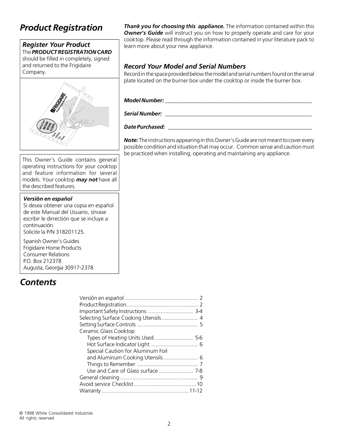 Frigidaire Professional Series manual Product Registration, Contents 