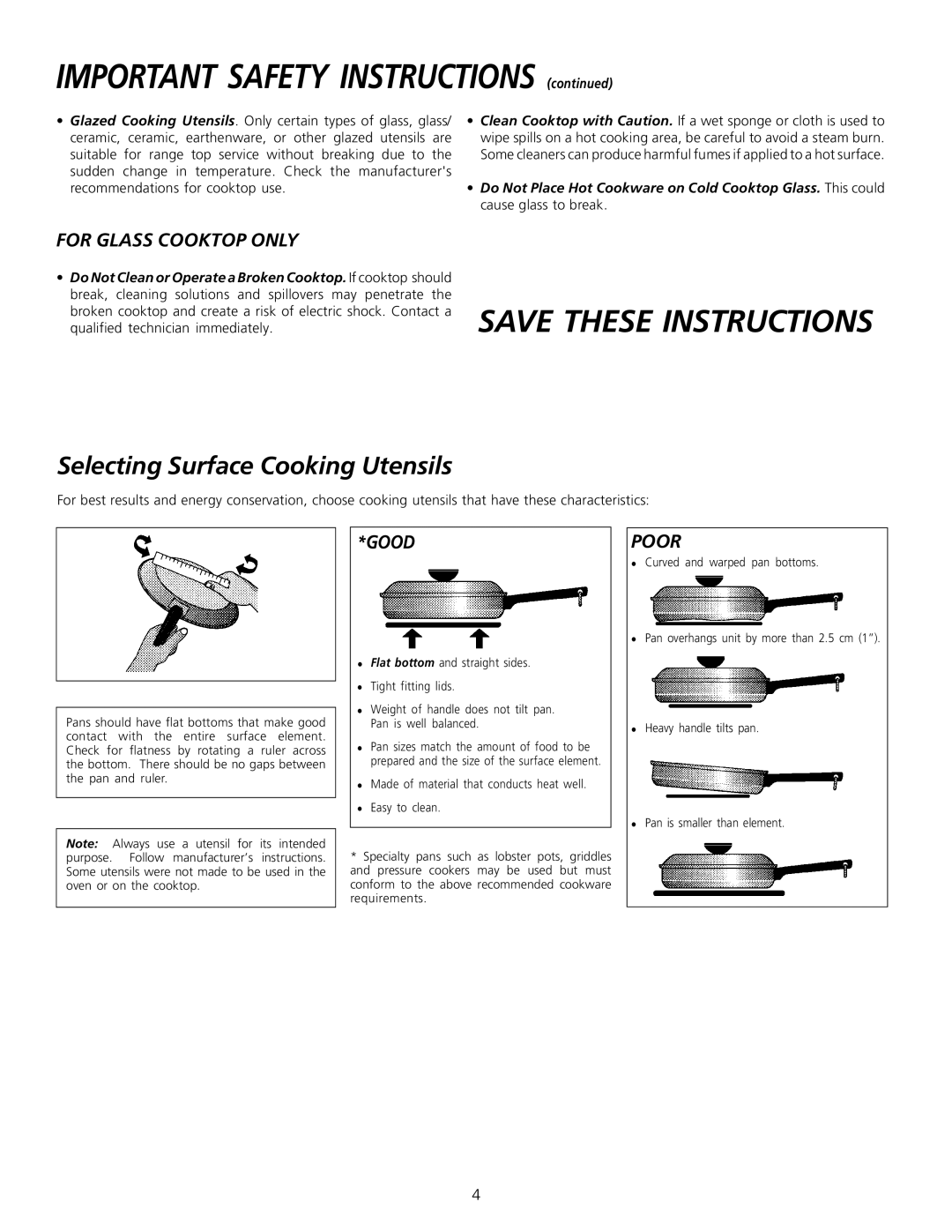 Frigidaire Professional Series manual Selecting Surface Cooking Utensils, For Glass Cooktop only, Good, Poor 