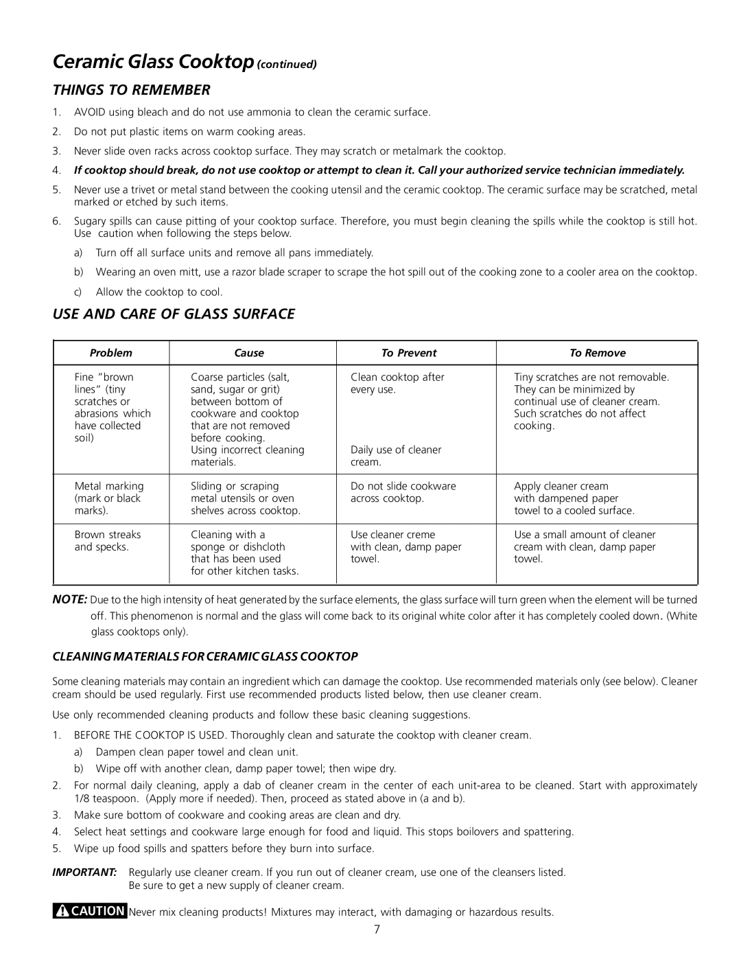 Frigidaire Professional Series manual Things to Remember, USE and Care of Glass Surface, Problem Cause To Prevent To Remove 