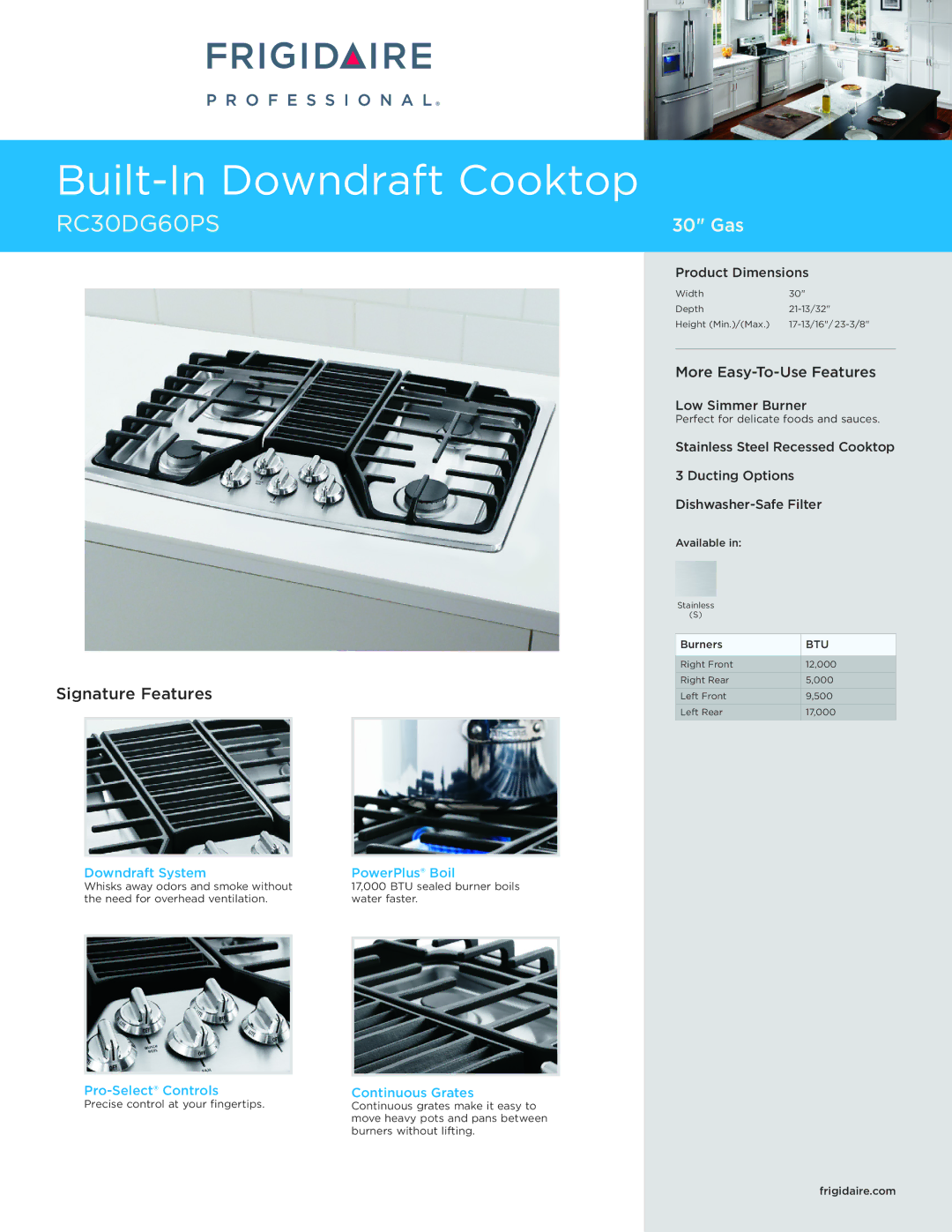 Frigidaire RC30G60PS dimensions Downdraft System, PowerPlus Boil, Pro-Select Controls, Continuous Grates 