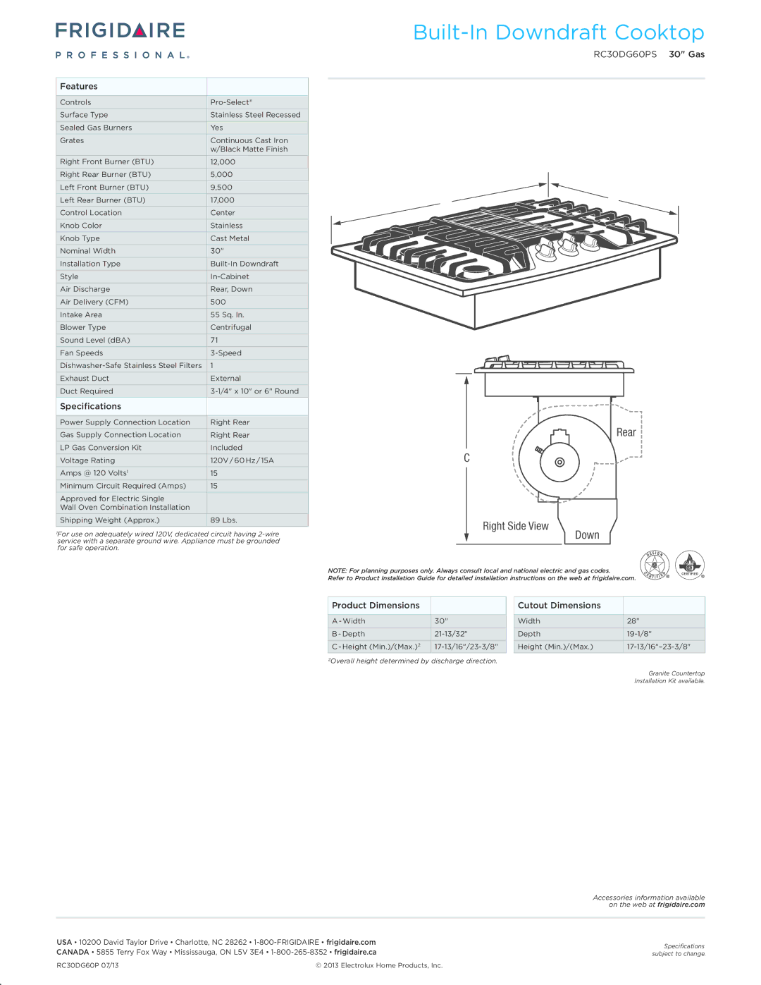 Frigidaire RC30G60PS dimensions Built-In Downdraft Cooktop 