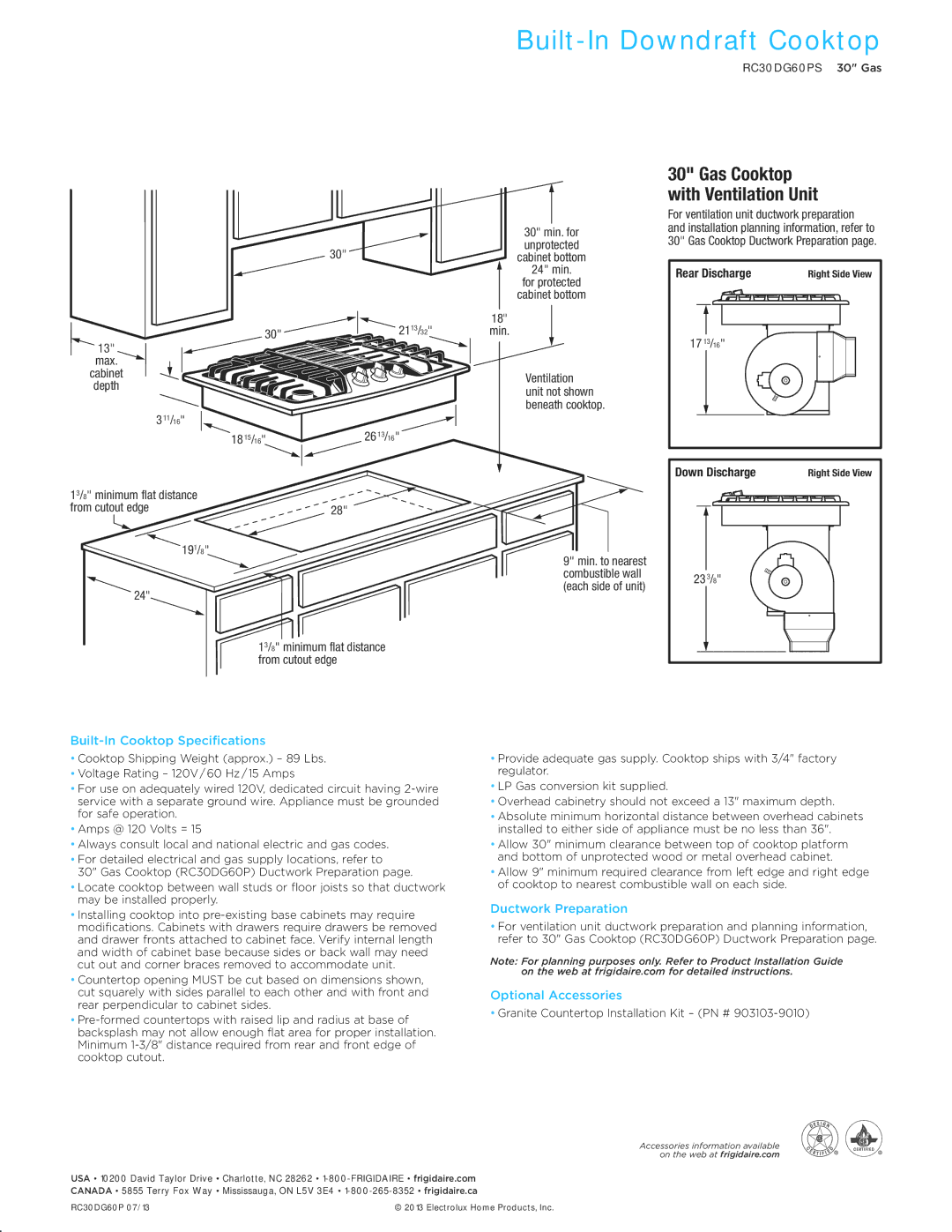 Frigidaire RC30G60PS dimensions Gas Cooktop with Ventilation Unit, Rear Discharge, Down Discharge 