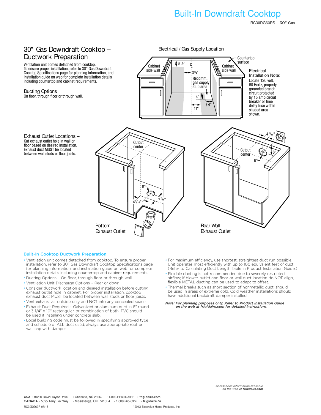 Frigidaire RC30G60PS Electrical / Gas Supply Location, Ducting Options, Exhaust Outlet Locations, Installation Note 