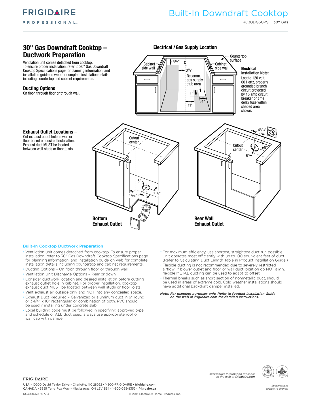 Frigidaire RC30G60PS Electrical / Gas Supply Location, Ducting Options, Exhaust Outlet Locations, Bottom, Rear Wall 