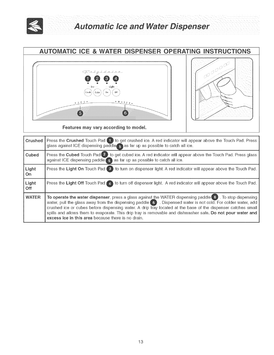 Frigidaire Refrigerator warranty Automatic iCE & Water Dispenser Operating iNSTRUCTiONS 