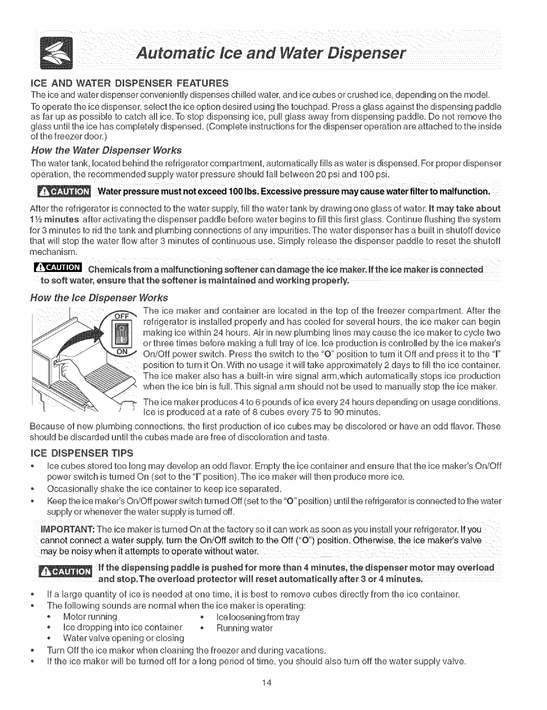 Frigidaire Refrigerator warranty How the Water Dispenser Works, How the ice Dispenser Works 