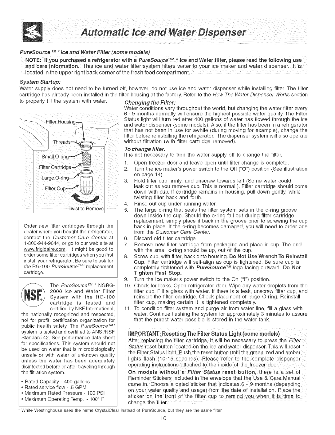 Frigidaire Refrigerator warranty System Startup, Changing the Filter 