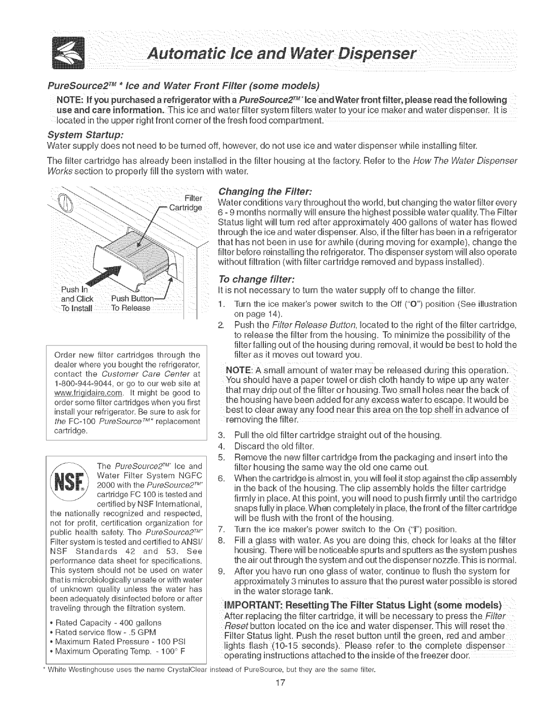 Frigidaire Refrigerator warranty To change filter 