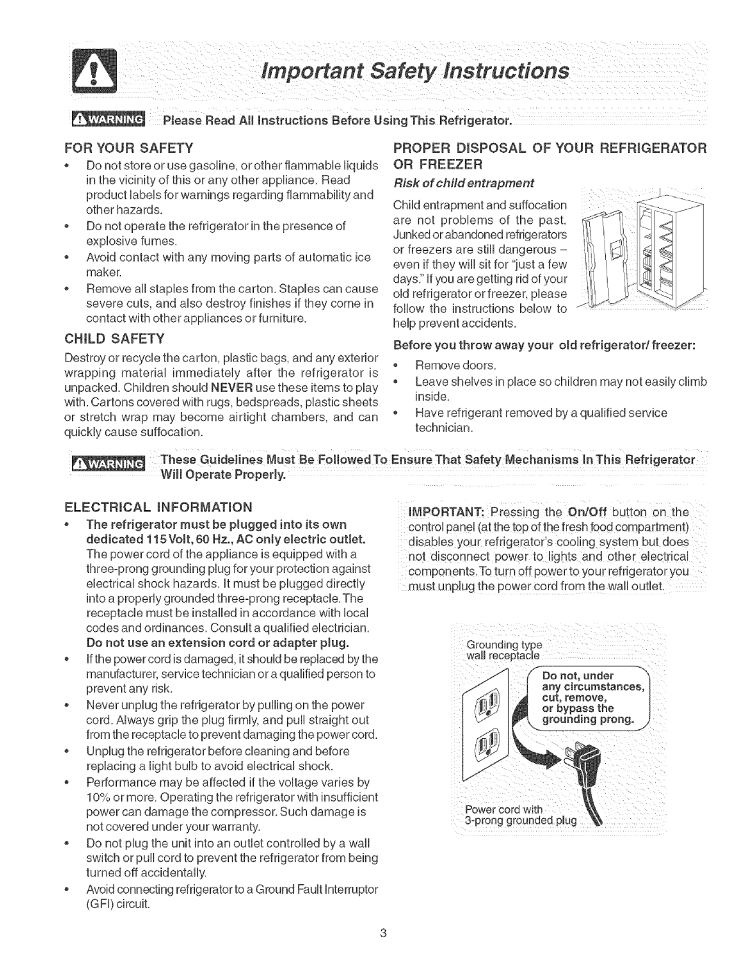 Frigidaire Refrigerator warranty Child Safety, Or Freezer, Risk of child entrapment 