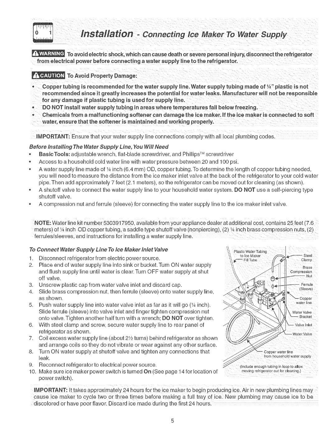 Frigidaire Refrigerator warranty Before/nstafling The Water Supply Line, You Wifl Need 