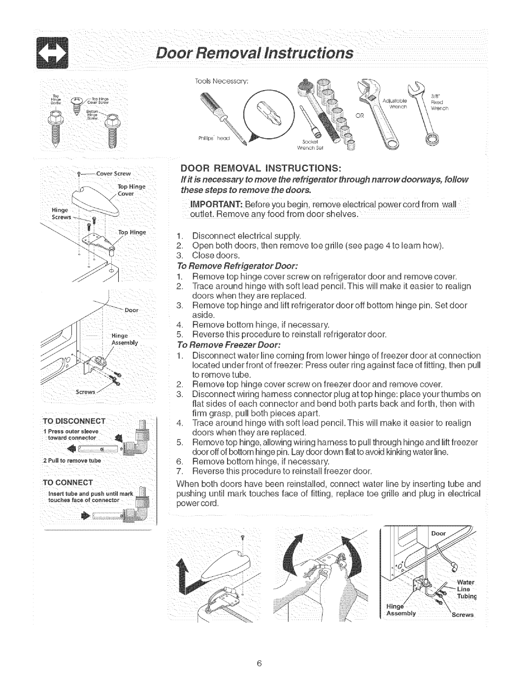 Frigidaire warranty Door Removal Instructions, To Remove Refrigerator Door 