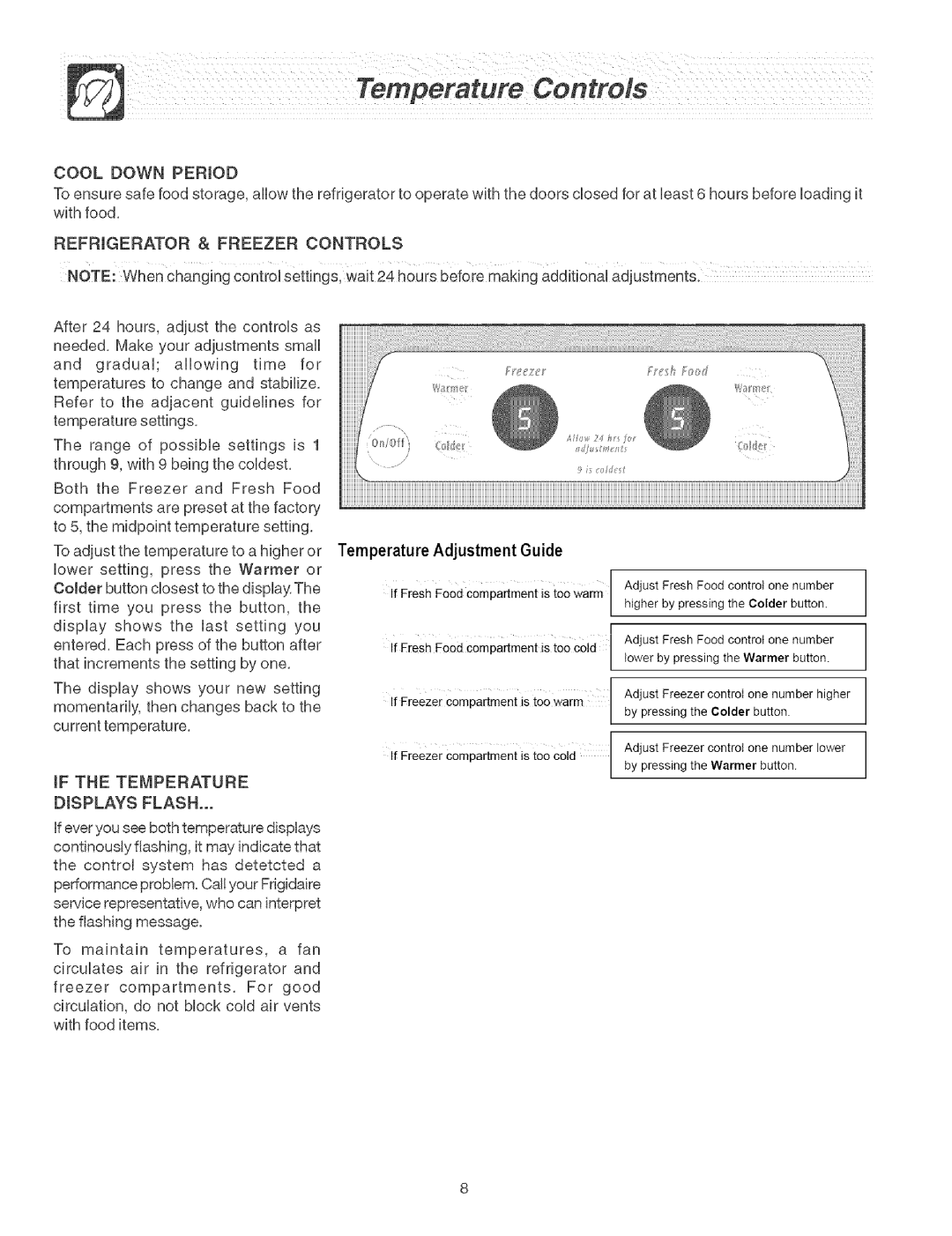 Frigidaire Refrigerator warranty Cool Down Period, Temperature Displays Flash 