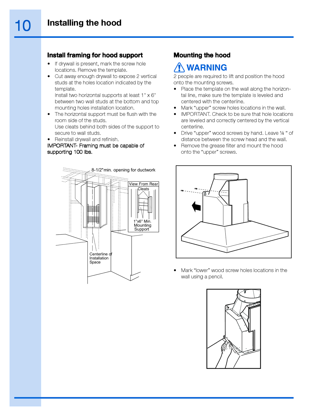 Frigidaire RH30WC55GS, RH36WC55GS, EI30WC55GS, EI36WC55GS, 316488524 manual Install framing for hood support, Mounting the hood 