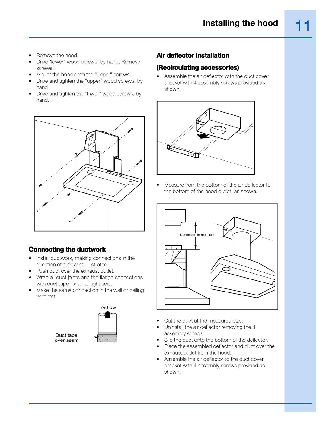 Frigidaire RH36WC55GS, RH30WC55GS, EI30WC55GS Air deflector installation Recirculating accessories, Connecting the ductwork 