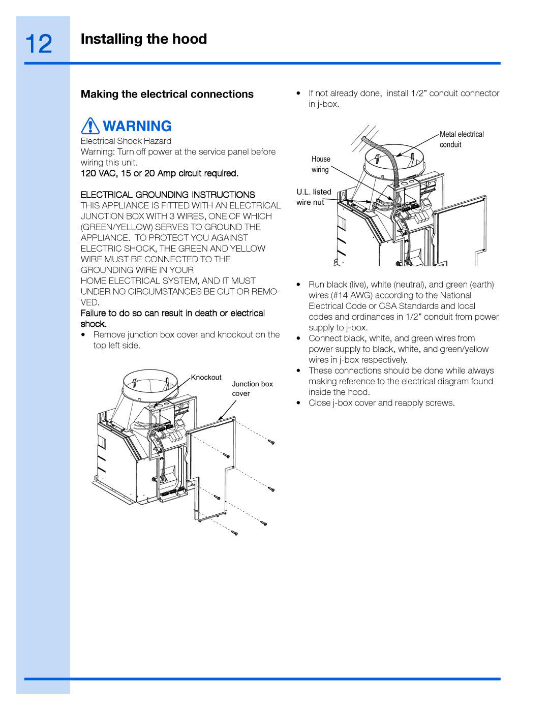 Frigidaire EI30WC55GS, RH30WC55GS, RH36WC55GS Making the electrical connections, 120 VAC, 15 or 20 Amp circuit required 