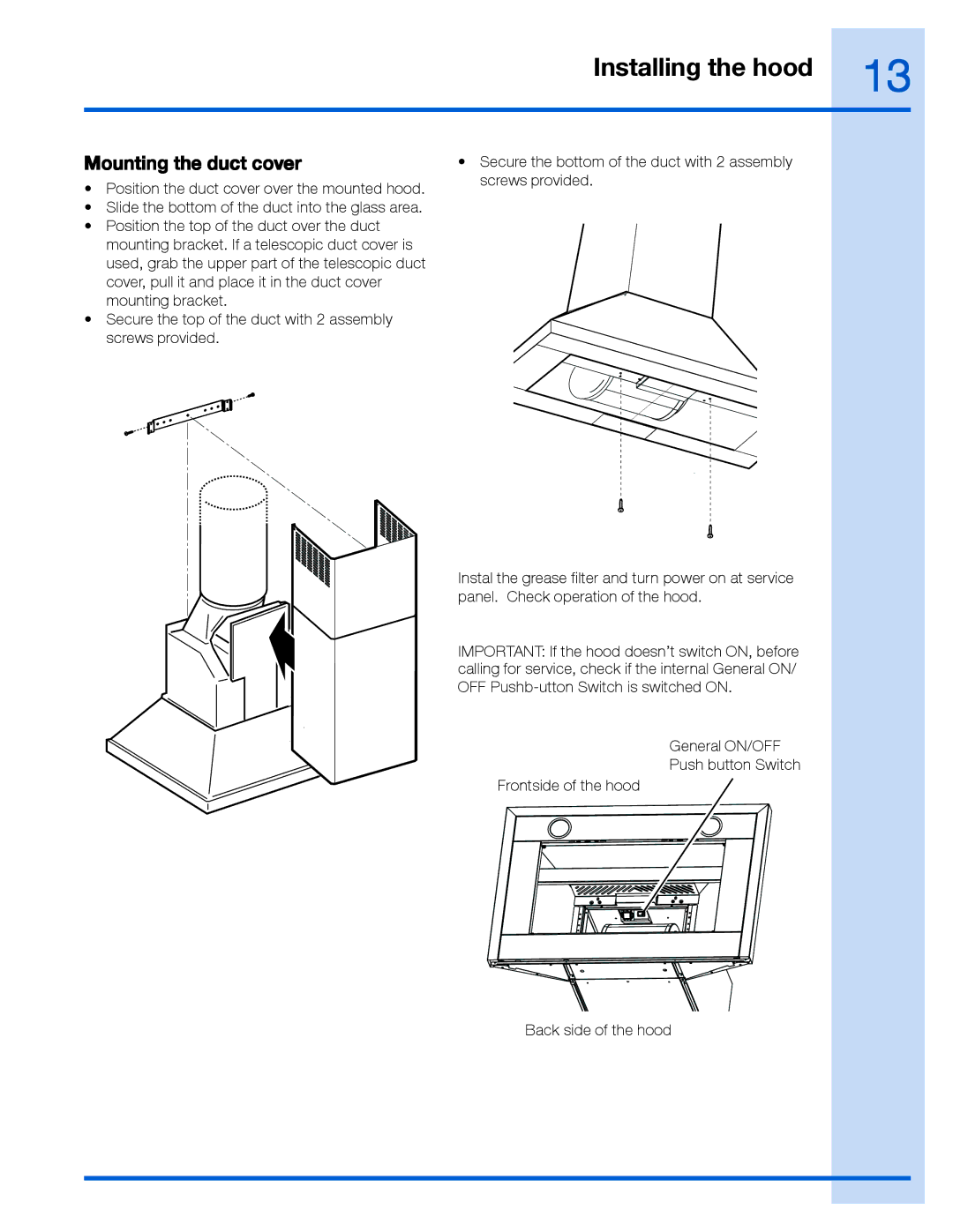 Frigidaire EI36WC55GS, RH30WC55GS, RH36WC55GS, EI30WC55GS, 316488524 manual Mounting the duct cover 