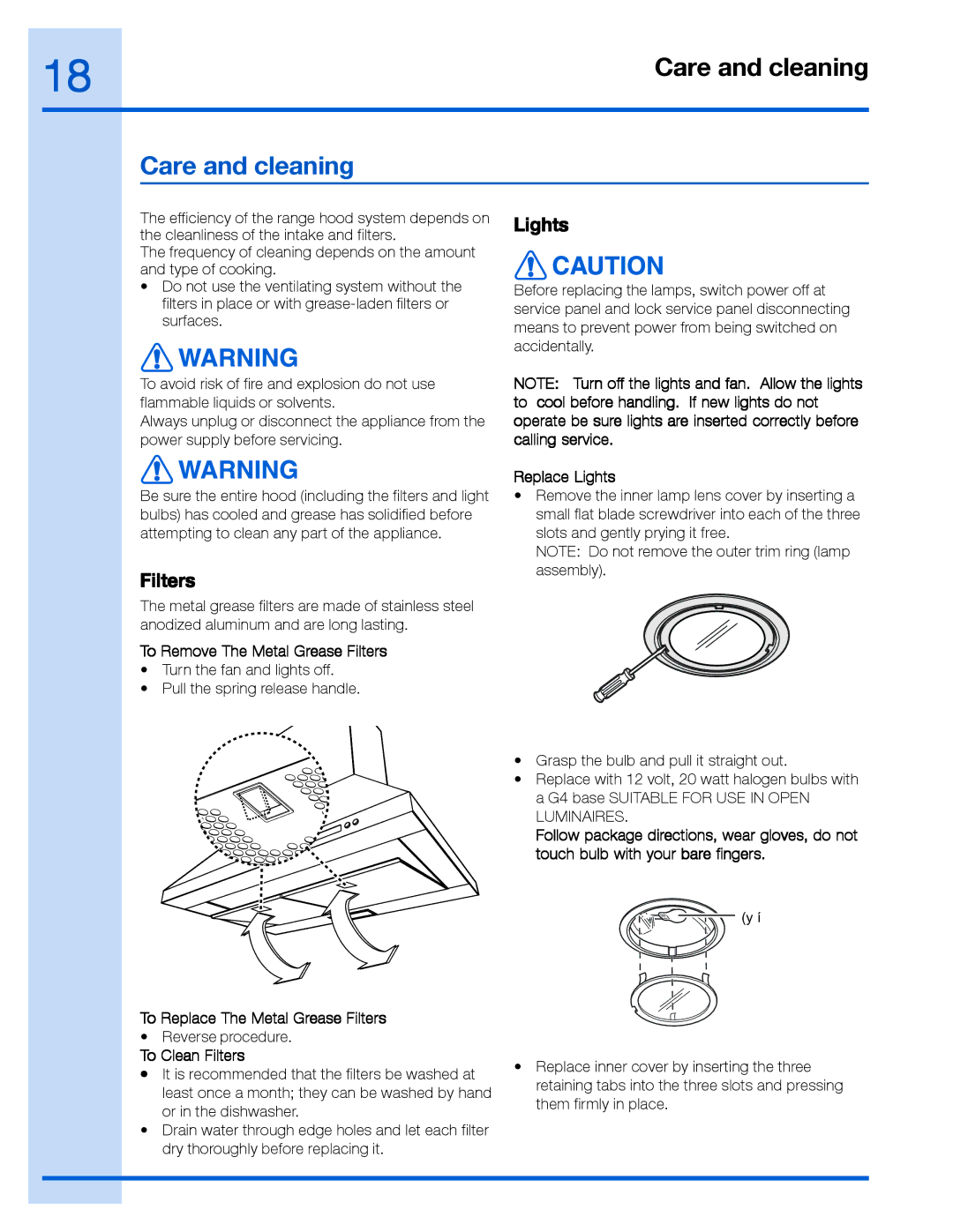 Frigidaire EI36WC55GS, RH30WC55GS, RH36WC55GS, EI30WC55GS, 316488524 manual Care and cleaning, Filters, Lights 