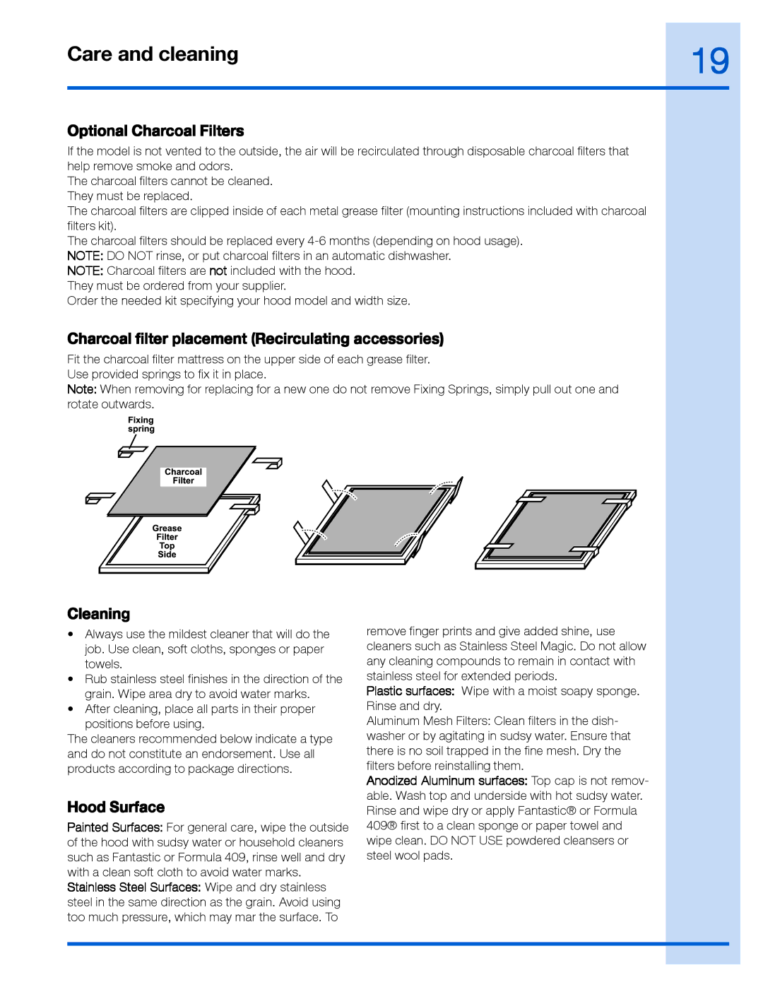 Frigidaire 316488524, RH30WC55GS Optional Charcoal Filters, Charcoal filter placement Recirculating accessories, Cleaning 