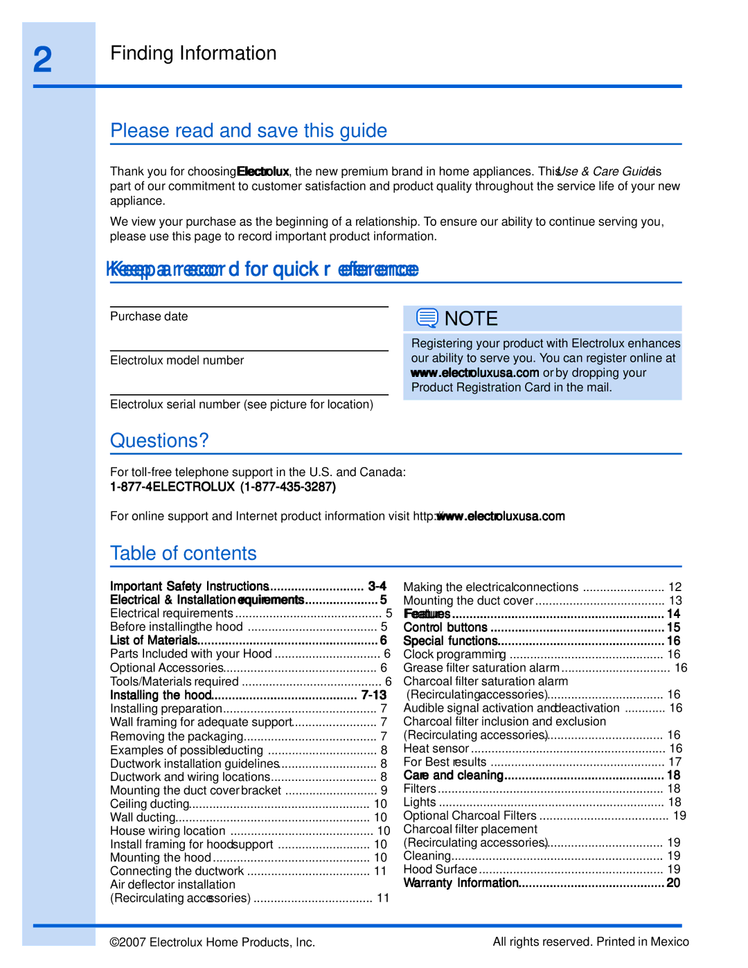 Frigidaire EI30WC55GS Please read and save this guide, Keep a record for quick reference, Questions?, Table of contents 