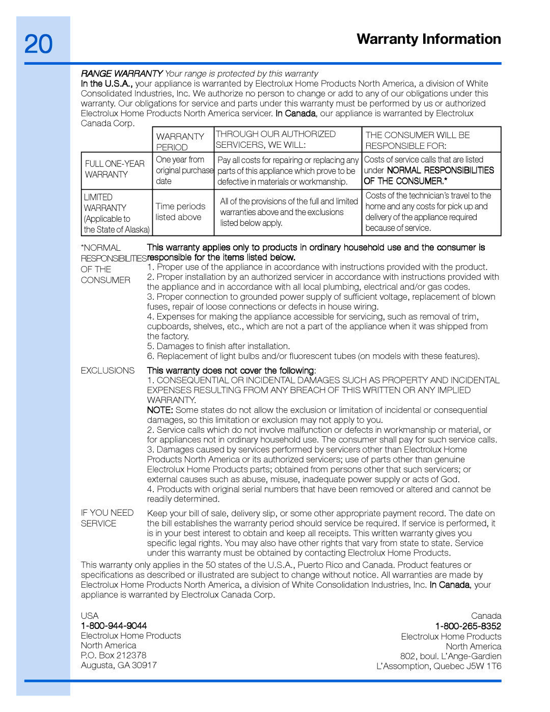 Frigidaire RH30WC55GS manual RESPONSIBILITIESresponsible for the items listed below, Electrolux Home Products North America 