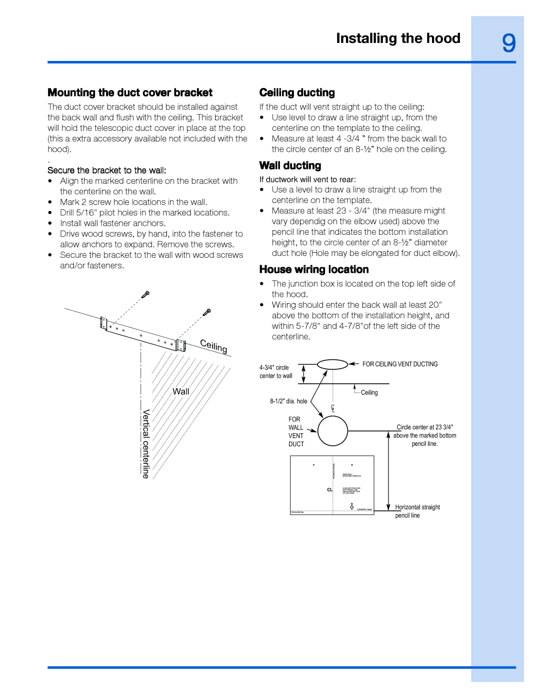 Frigidaire 316488524, RH30WC55GS Mounting the duct cover bracket, Ceiling ducting, Wall ducting, House wiring location 