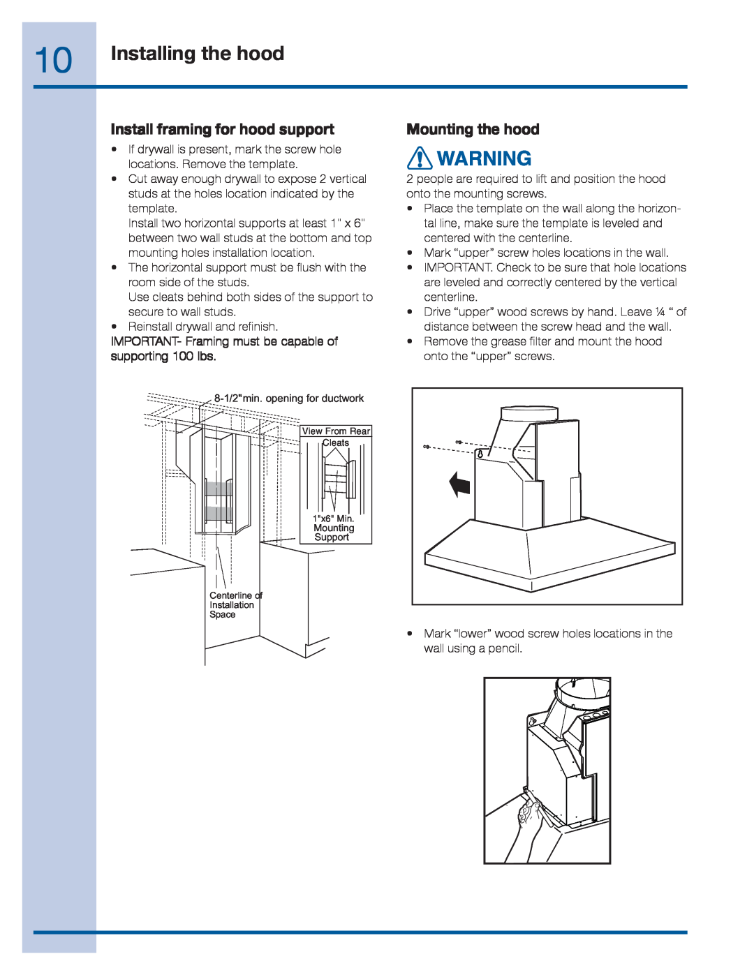 Frigidaire RH30WC55GS, RH36WC55GS, EI30WC55GS manual Install framing for hood support, Mounting the hood, Installing the hood 