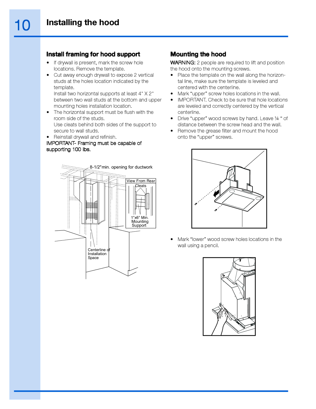 Frigidaire RH30WC60GS, EI36WC60GS, 316488522, RH36WC60GS, EI30WC60GS manual Install framing for hood support, Mounting the hood 