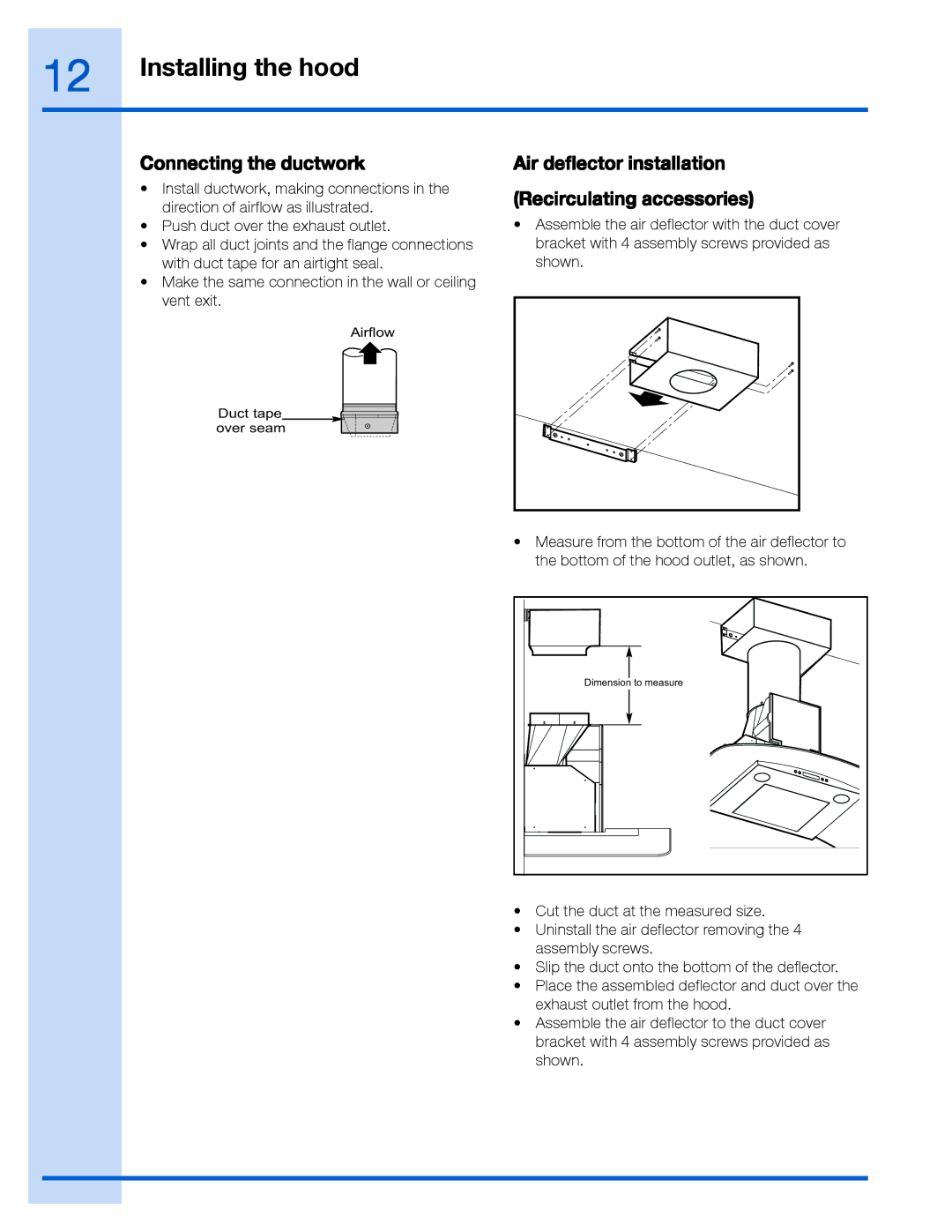 Frigidaire 316488522, RH30WC60GS, EI36WC60GS Connecting the ductwork, Air deflector installation Recirculating accessories 