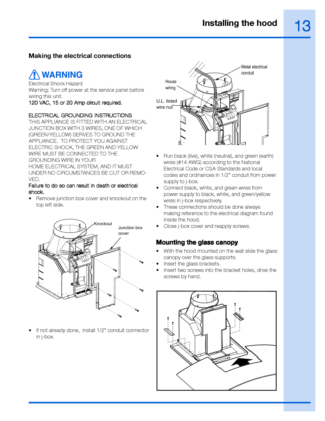 Frigidaire RH36WC60GS Making the electrical connections, Mounting the glass canopy, 120 VAC, 15 or 20 Amp circuit required 