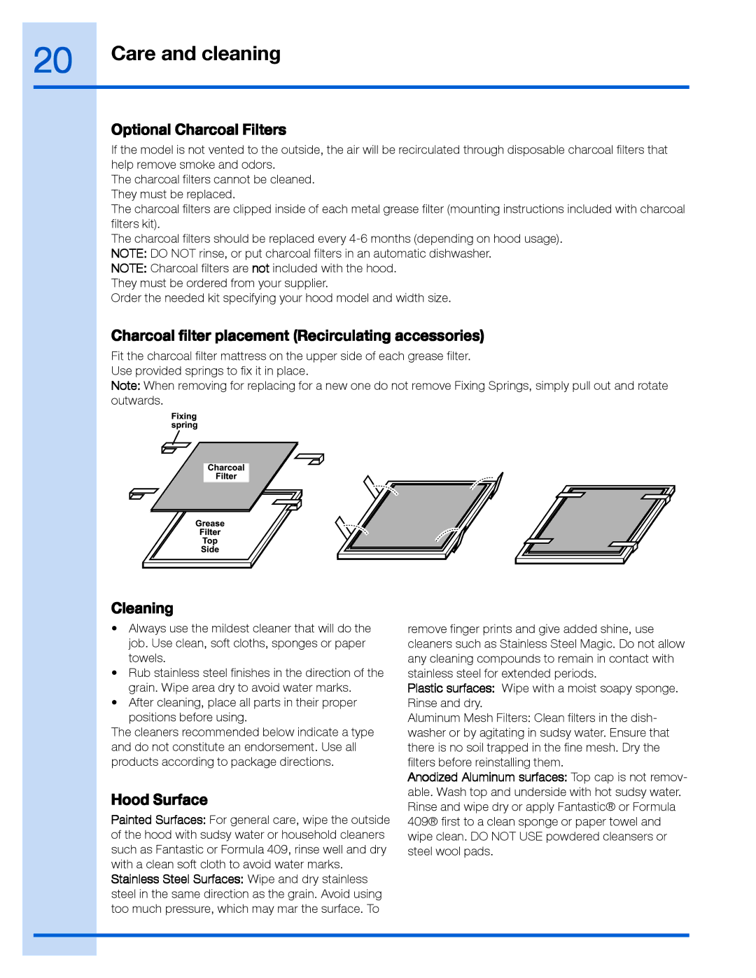 Frigidaire RH30WC60GS, EI36WC60GS Optional Charcoal Filters, Charcoal filter placement Recirculating accessories, Cleaning 