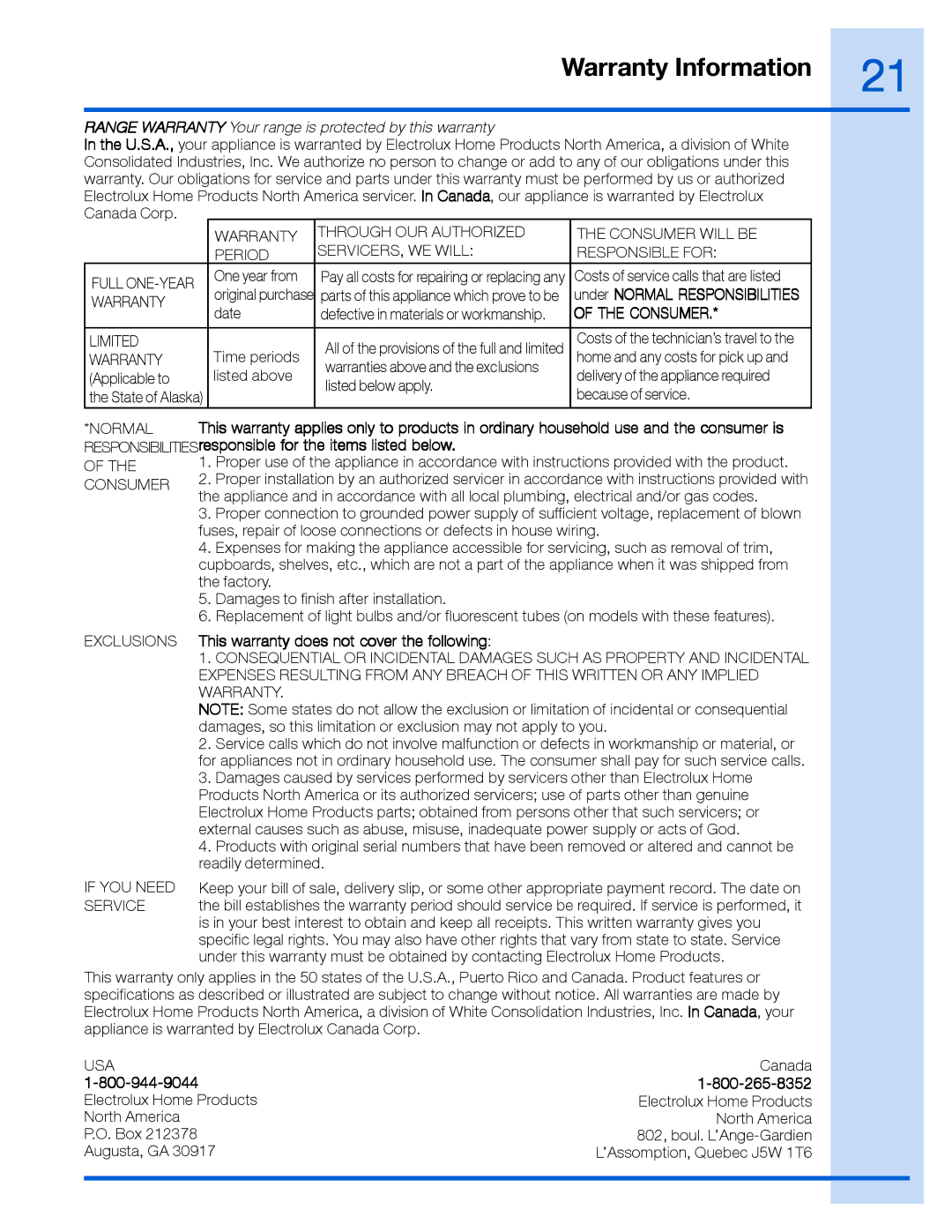 Frigidaire EI36WC60GS manual RESPONSIBILITIESresponsible for the items listed below, Electrolux Home Products North America 