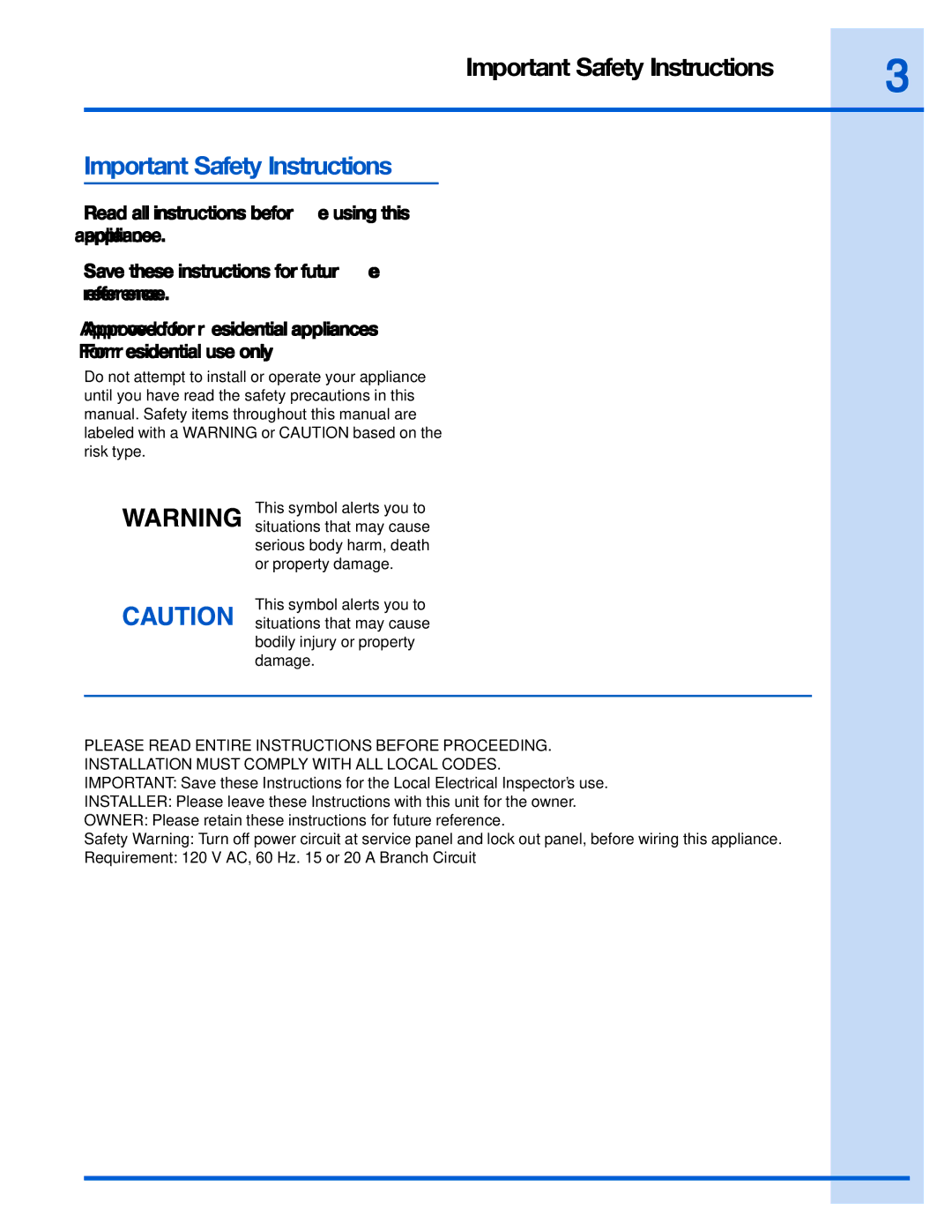 Frigidaire RH36WC60GS, RH30WC60GS, EI36WC60GS, 316488522, EI30WC60GS manual Important Safety Instructions 