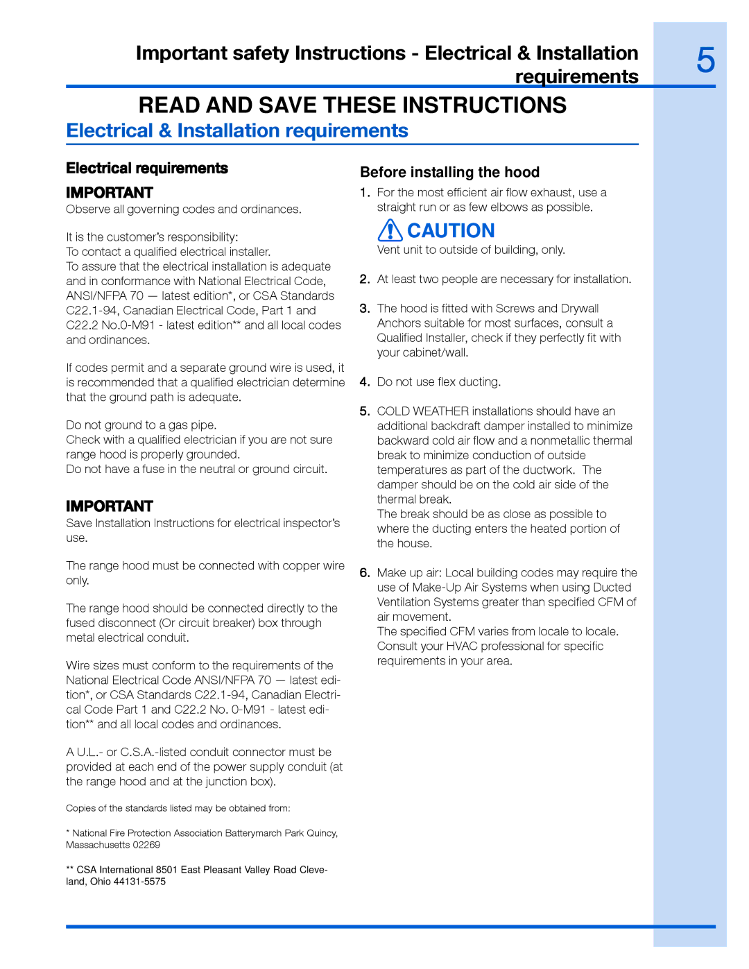 Frigidaire RH30WC60GS, EI36WC60GS, 316488522, RH36WC60GS Electrical & Installation requirements, Electrical requirements 