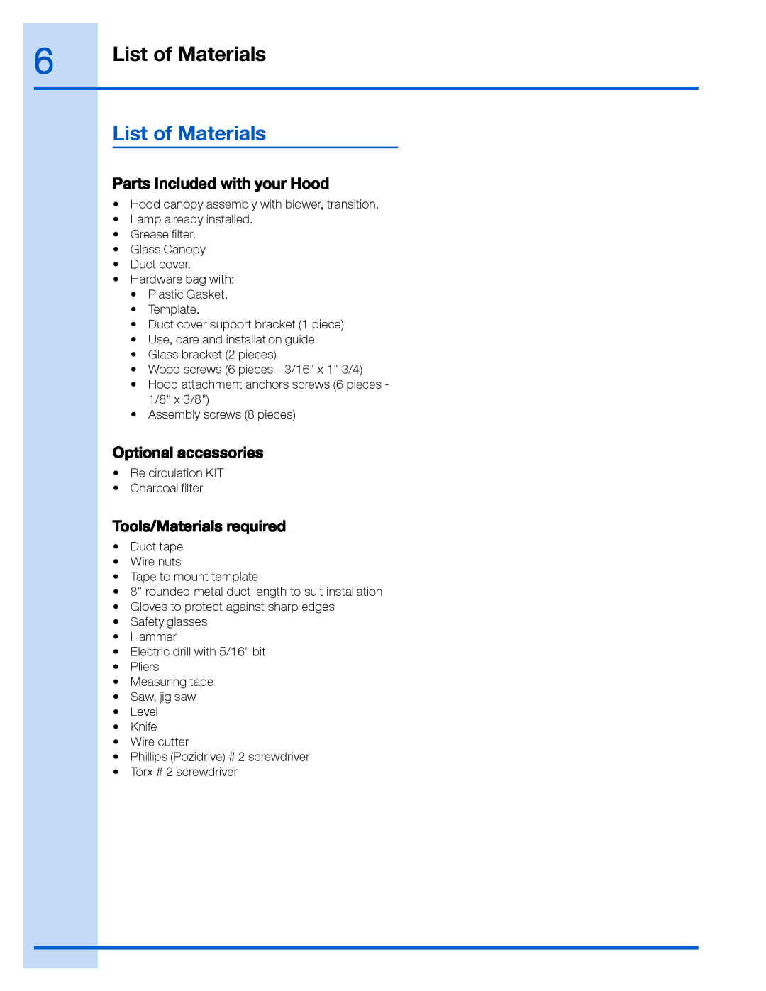 Frigidaire EI36WC60GS List of Materials, Parts Included with your Hood, Optional accessories, Tools/Materials required 