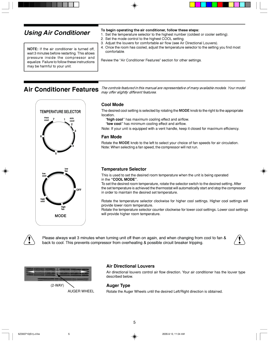 Frigidaire ROTARY CONTROL AIR CONDITIONER manual Air Conditioner Features 