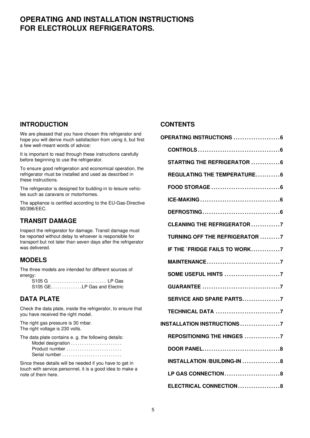 Frigidaire S105GE installation instructions Introduction, Contents, Transit Damage, Models, Data Plate 