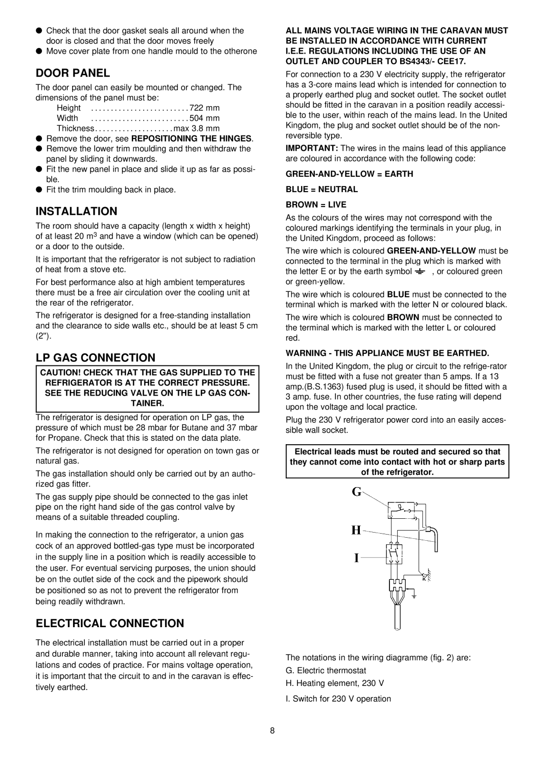 Frigidaire S105GE installation instructions Door Panel, Installation, LP GAS Connection, Electrical Connection 