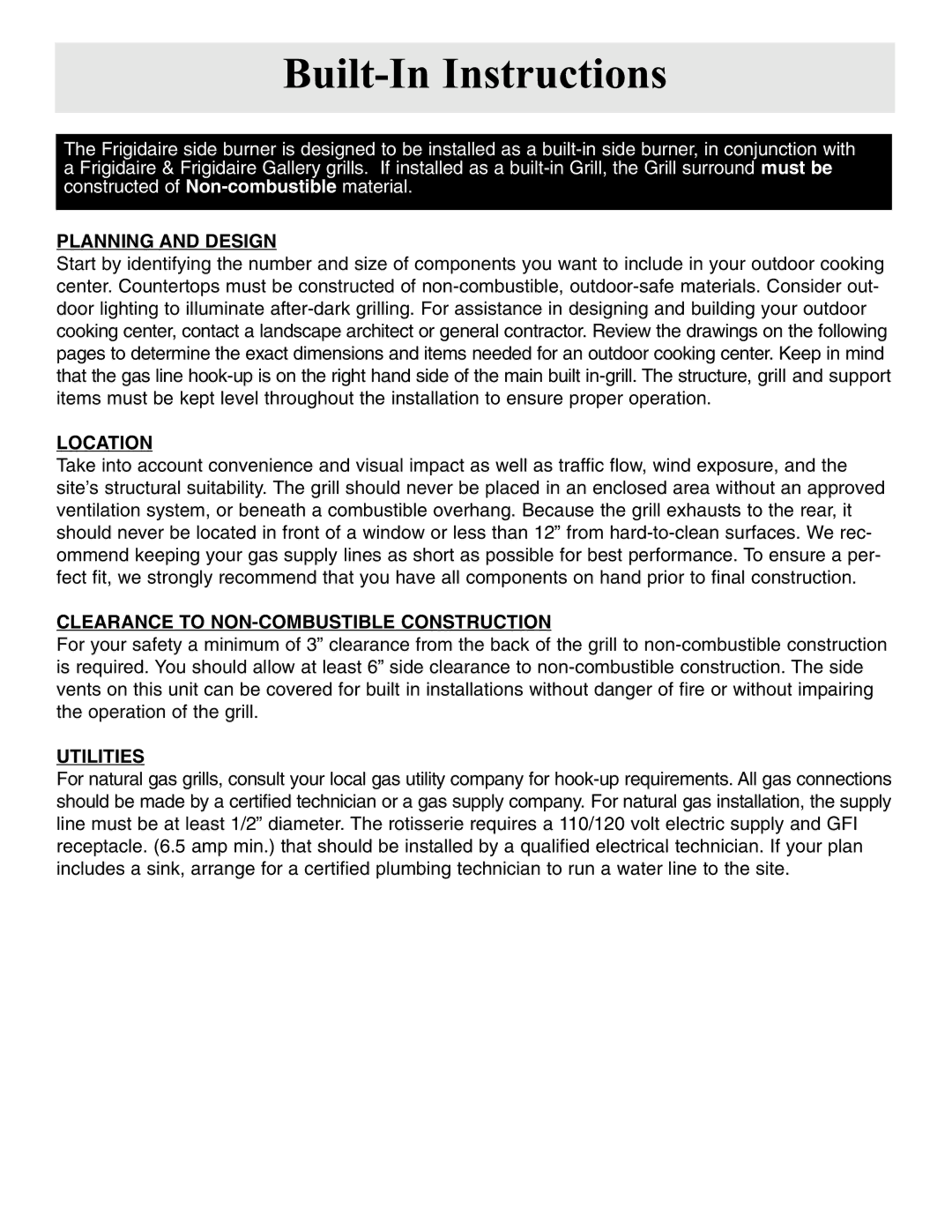 Frigidaire Side Burner Built-In Instructions, Planning and Design, Location, Clearance to NON-COMBUSTIBLE Construction 