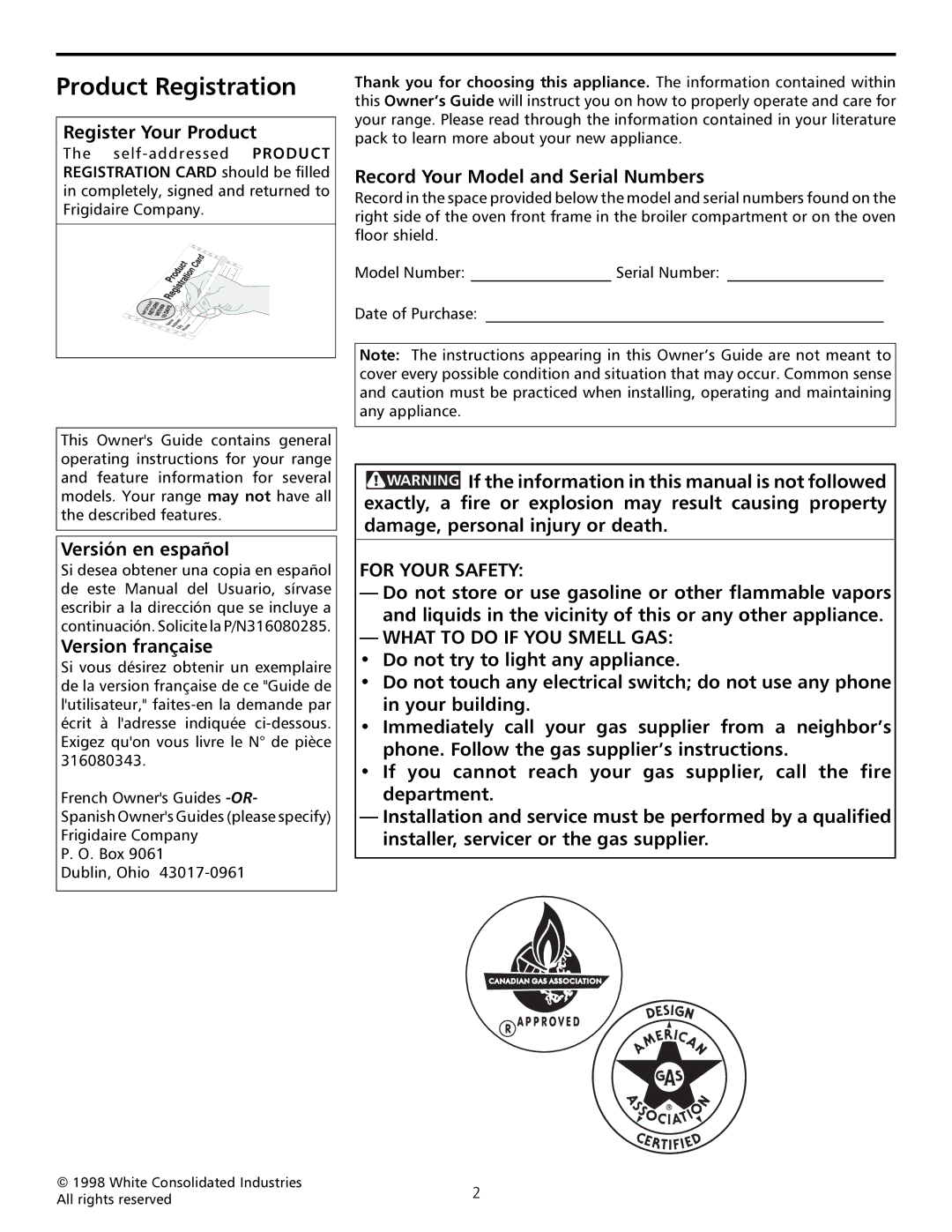 Frigidaire Sprigfield Series Gas Range Product Registration, Register Your Product, Versión en español, Version française 