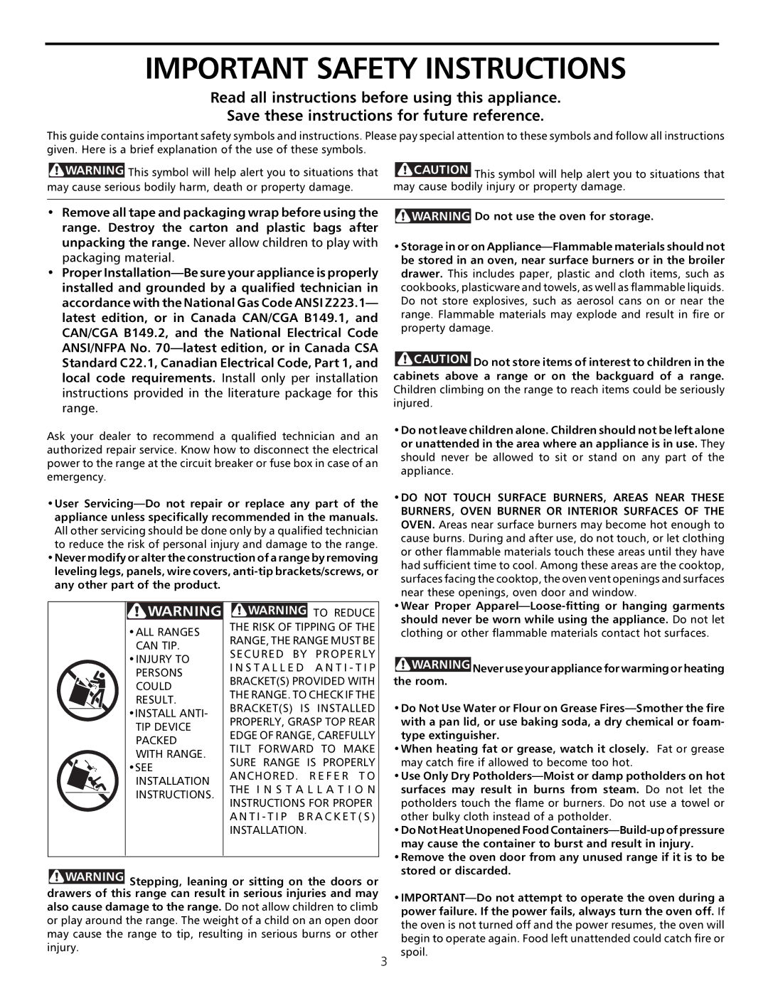 Frigidaire Sprigfield Series Gas Range important safety instructions Remove all tape and packaging wrap before using 