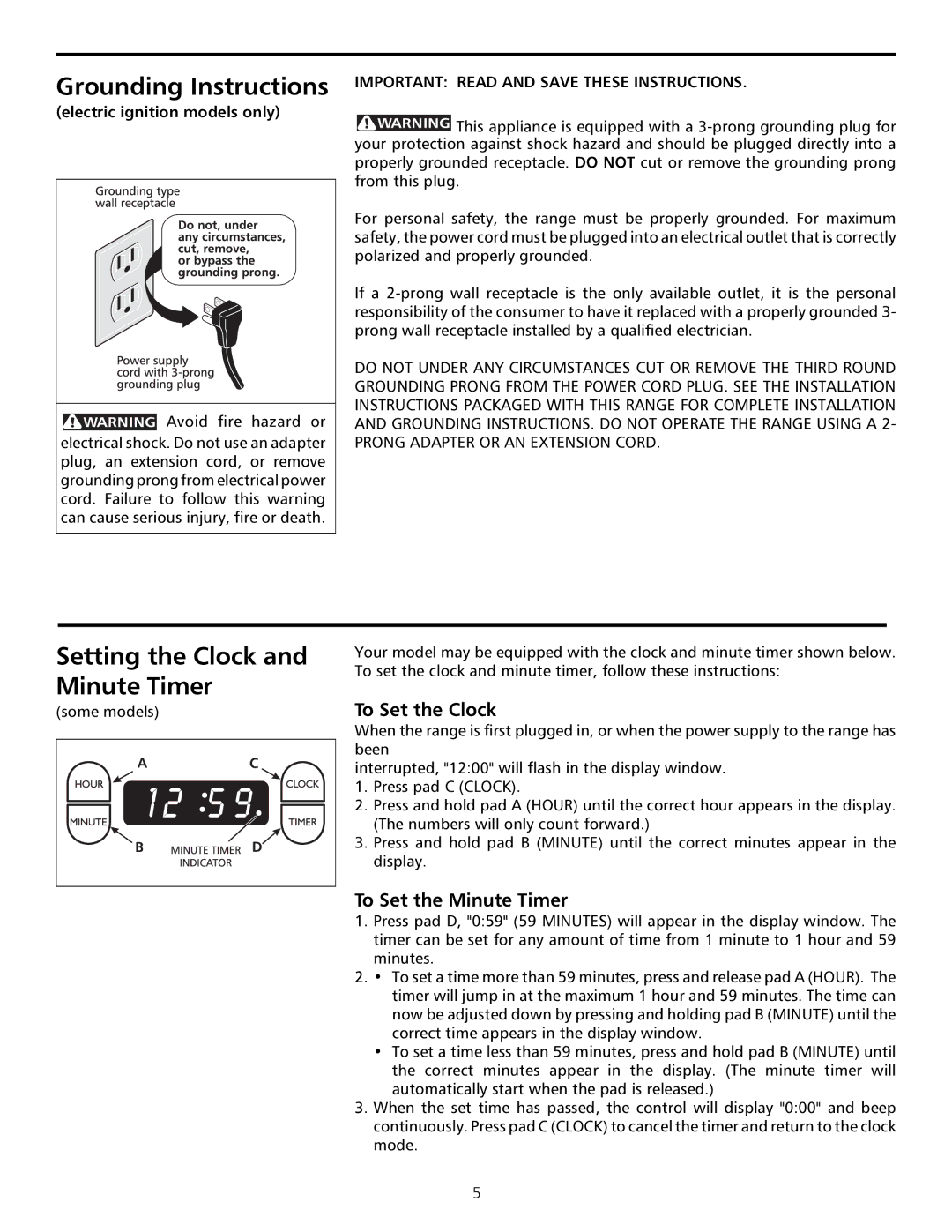 Frigidaire Sprigfield Series Gas Range Grounding Instructions, Setting the Clock and Minute Timer, To Set the Clock 