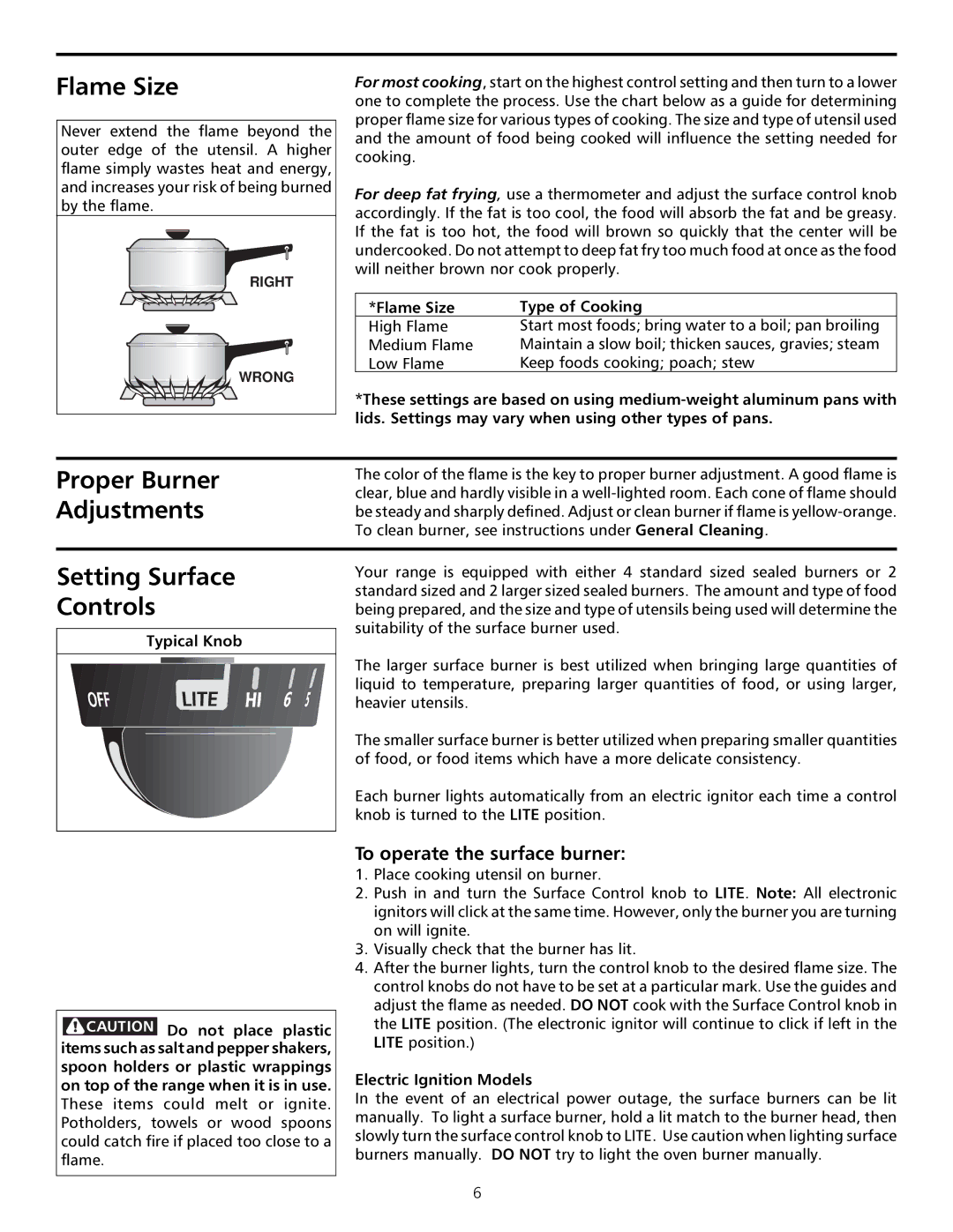 Frigidaire Sprigfield Series Gas Range Flame Size, Proper Burner Adjustments, Setting Surface, Controls 