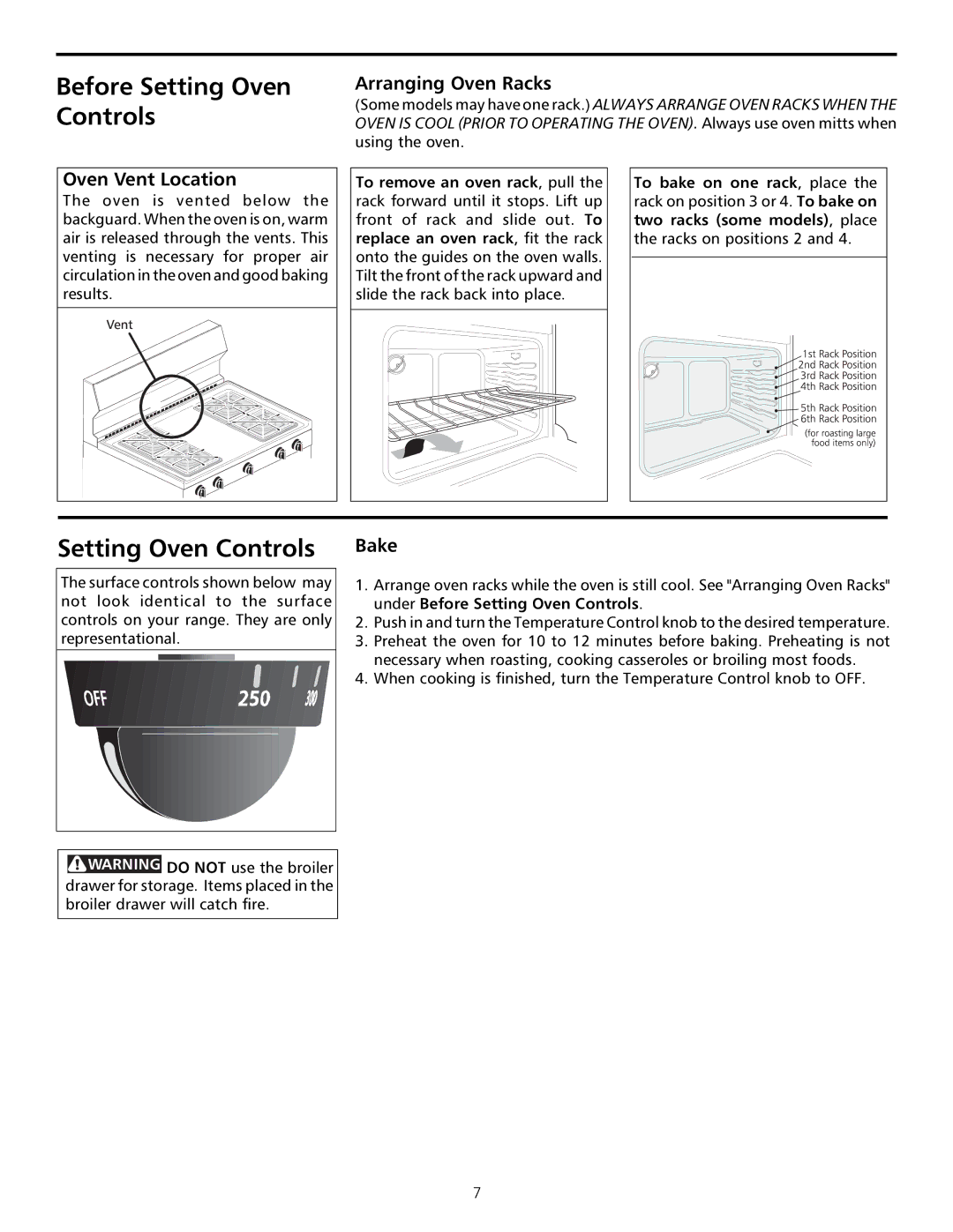 Frigidaire Sprigfield Series Gas Range Before Setting Oven Controls, Setting Oven Controls Bake, Arranging Oven Racks 