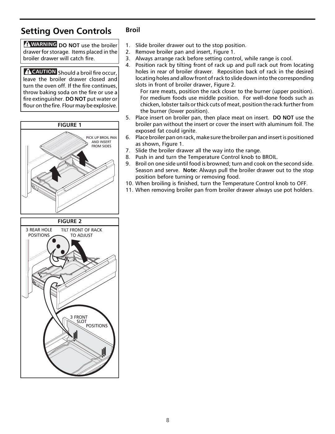 Frigidaire Sprigfield Series Gas Range important safety instructions Setting Oven Controls Broil 